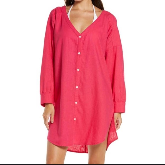 Chelsea28 Oversize Linen Blend Cover-Up Shirt L V-Neck Button Front Pink NWT - Picture 1 of 8